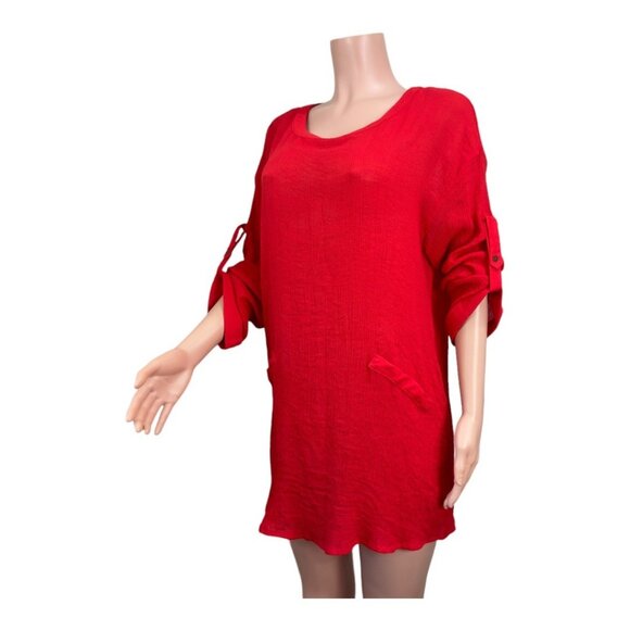 Umgee Women SZ M- Red Woven Knit Top Tunic Pullover Roll Tap Sleeve Faux Pockets - Picture 7 of 15